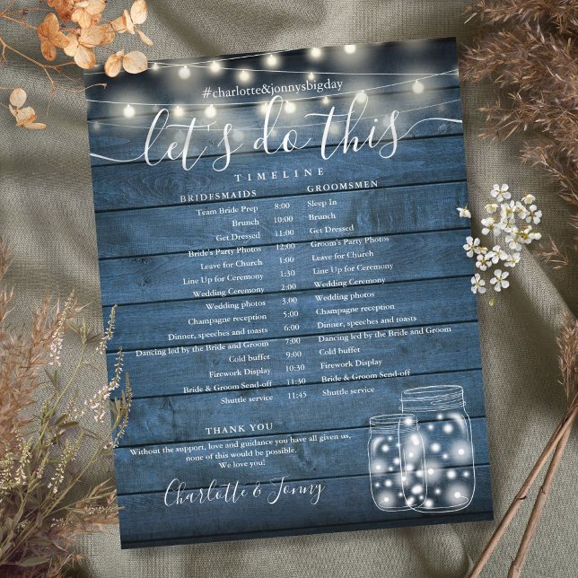 Blå Rustika Strängljus Bröllopsprogram Tidslinje (Blue Rustic String Lights Wedding Program Timeline)