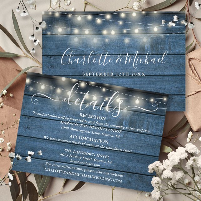 Blå Rustika Strängljus Manus Bröllopsdetaljer Tilläggskort (Blue Rustic String Lights Script Wedding Details Enclosure Card)