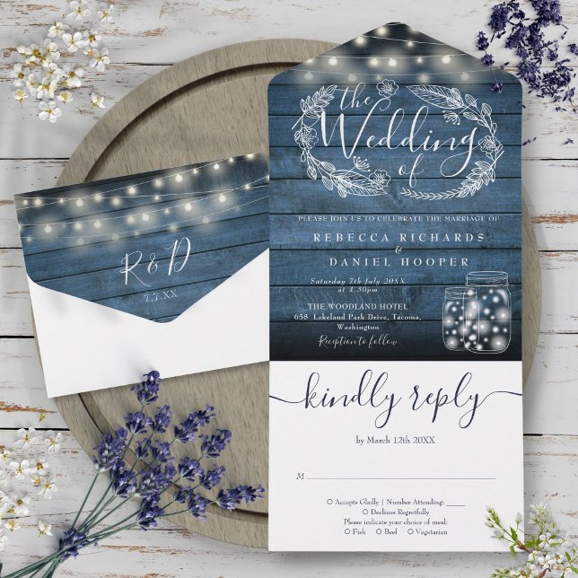 Blå Rustika Strängljus Masonkruka Blommig Bröllop (Blue Rustic String Lights Mason Jar Floral Wedding All In One Invitation)