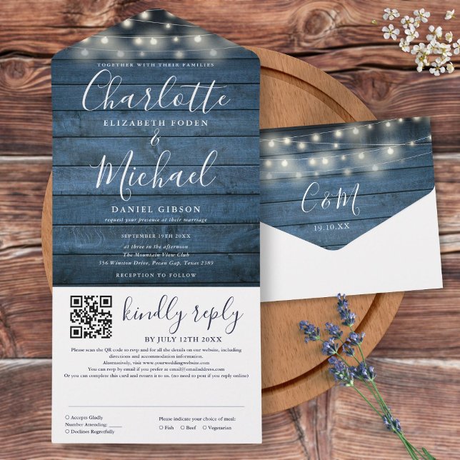 Blå Rustika Trädgårdsbelysning QR-kod Bröllop  (Blue Rustic Wood String Lights QR Code Wedding All In One Invitation)