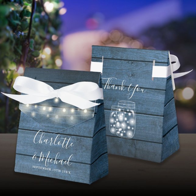Blå Rustika Trädgårdsbelysningar med Murade Krukor Presentaskar (Blue Rustic Wood String Lights Mason Jars Wedding Favor Boxes)