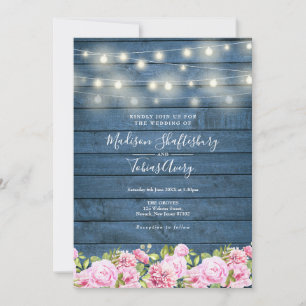 Blå Rustika Trädgårdslyktor med Blommotiv Bröllop Inbjudningar