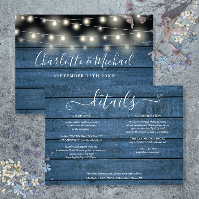 Blå Rustika Trästrängljus Bröllopsdetaljer Inbjudningar (Blue Rustic Wood String Lights Wedding Details Invitation)