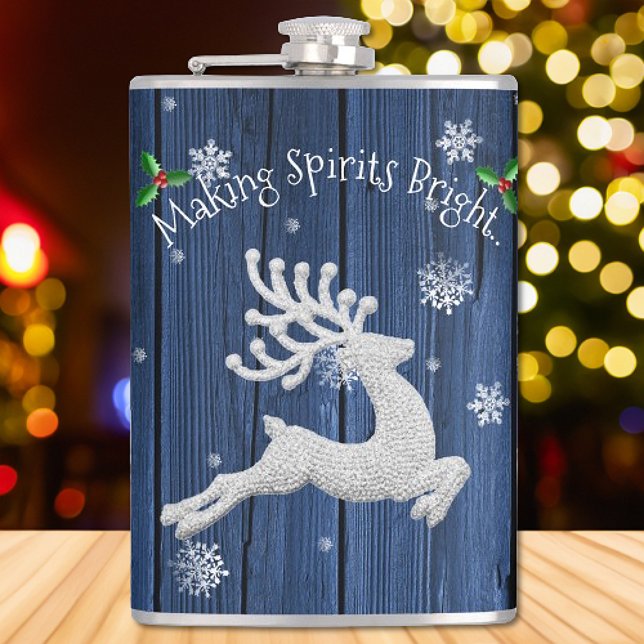 Blå rustiska julrengerkolv fickplunta (Blue Rustic Christmas Reindeer Flask)
