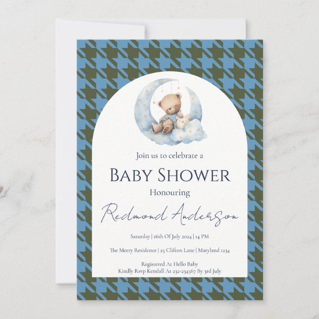 Blå rutig baby shower-inbjudan inbjudningar (Framsida)