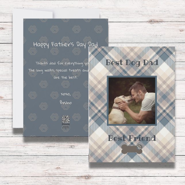 Blå Rutig Bästa Hundpappa Foto Platt Kort ( Happy Father's Day. Personalize the card with your photo and message, from the dog, to the best dad)