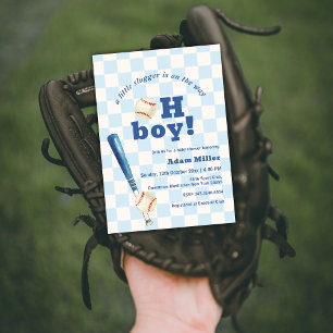 Blå rutig Little Slugger Baseboll Baby Shower Inbjudningar