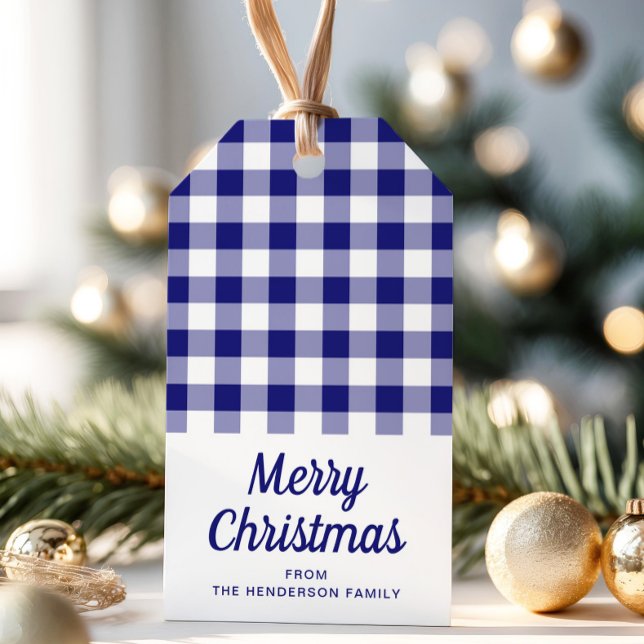 Blå rutig Merry Christmas med skrivstil Presentetikett (Blue Plaid Script Merry Christmas Gift Tags)
