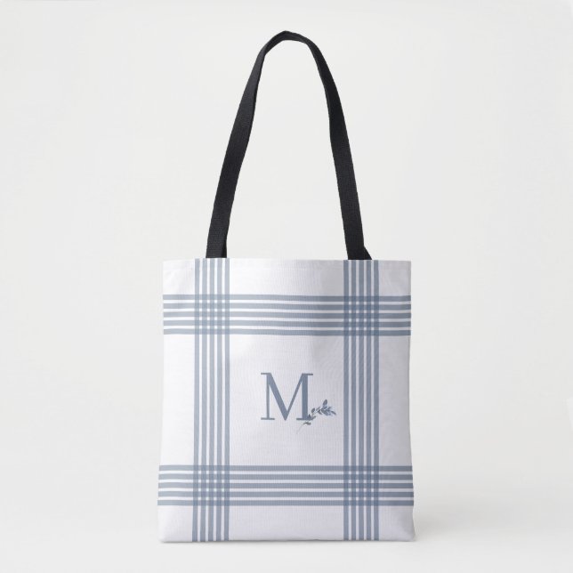 Blå Rutig Monogram Totebag Tygkasse (Framsida)