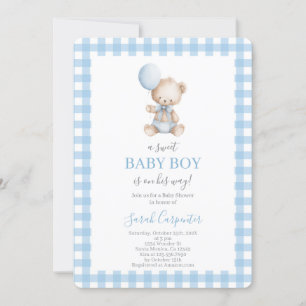 Blå rutig och Björn Baby Shower Pojke Inbjudningar