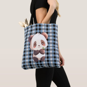 Blå Rutig Panda Tygkasse