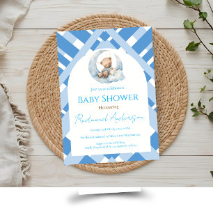 Blå rutig pojke baby shower björn inbjudningar
