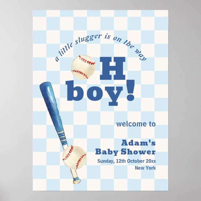 Blå rutig Slugger Baseboll Baby Shower Välkomstsky Poster (Framsidan)