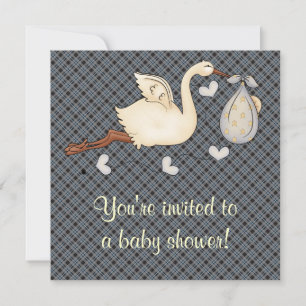 Blå rutig stork baby pojke shower inbjudningar