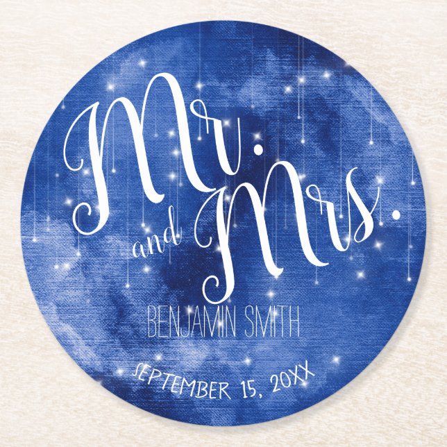 Blå rymdgalaxi Stars Night Himlar Bröllop Underlägg Papper Rund (Framsidan)