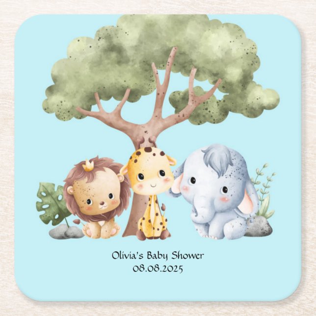 Blå safari baby shower  underlägg papper kvadrat (Framsidan)
