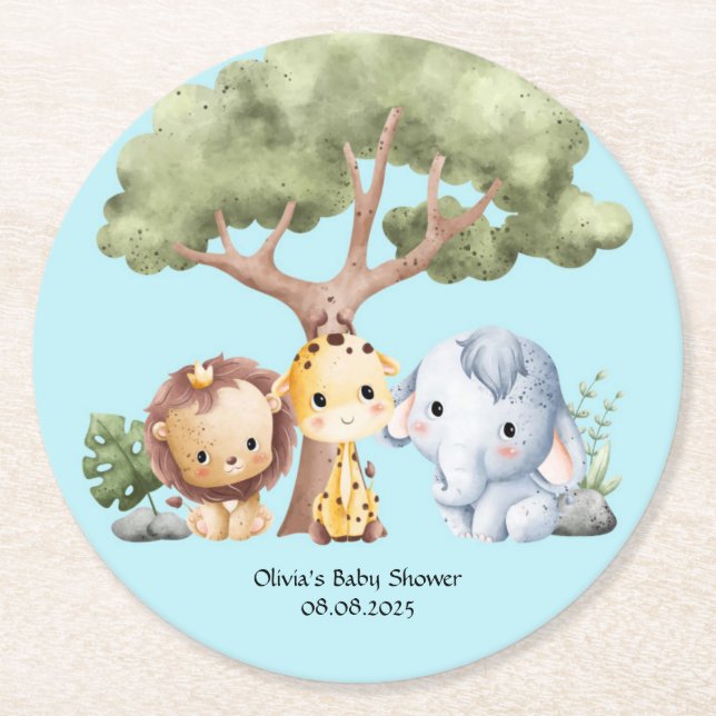 Blå safari baby shower  underlägg papper rund (Framsidan)