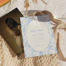 Blå Safari Toile De Jouy Pojk Babyshower Inbjudningar
