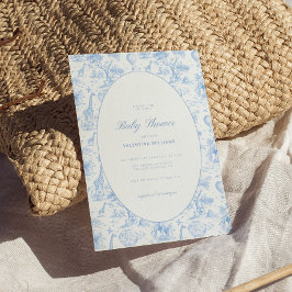 Blå Safari Toile De Jouy Pojk Babyshower Inbjudningar