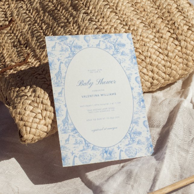 Blå Safari Toile De Jouy Pojk Babyshower  Inbjudningar (Skapare uppladdad)