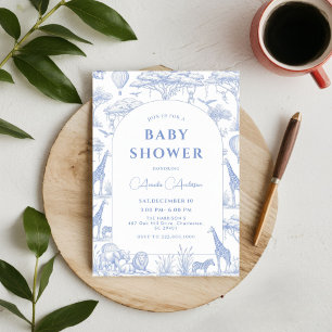 blå Safari Toile De Jouy Pojke Baby Shower Inbjudningar