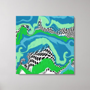 Blå, Sage Grönt, Svartvit Abstrakt Vätska Canvastryck