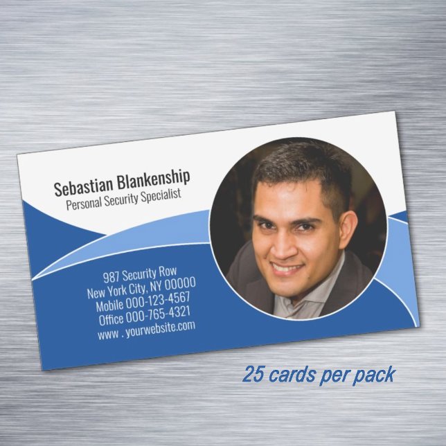 Blå säkerhet professionell anpassad foto QR-kod Magnetiska Visitkort (Blue abstract custom photo professional business card magnet.)
