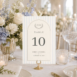 Blå & Salvia Grön Randig Monogram Bröllopsduk Bordsnummer