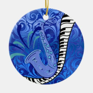 Blå saxofon och piano julgransprydnad keramik