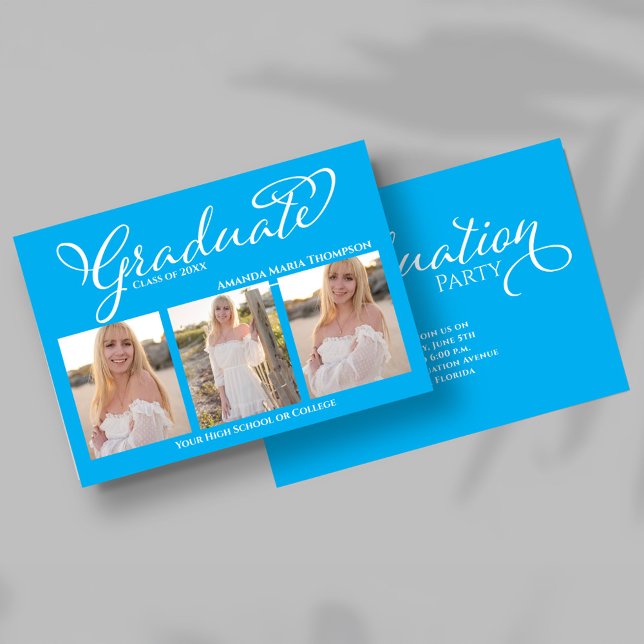 Blå Script Foto Collage Examen Inbjudan (Front view of blue script photo collage graduation announcement with three senior portraits.)