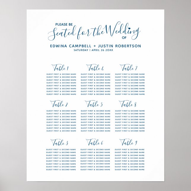 Blå script hjärta konst bröllopsbord plan poster (Framsidan)