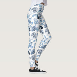 Blå Seasheller Mönster på vitt Leggings