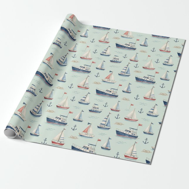Blå segelbåt ankare akvarell nautisk present presentpapper (Utrullad)