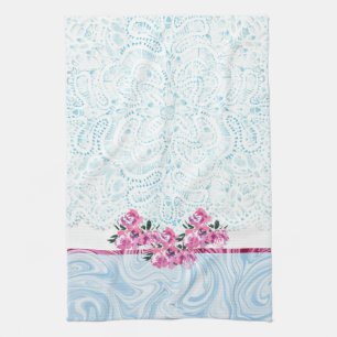 Blå Shabby chic Lacey Rosa Blommigt Köksduk Kökshandduk