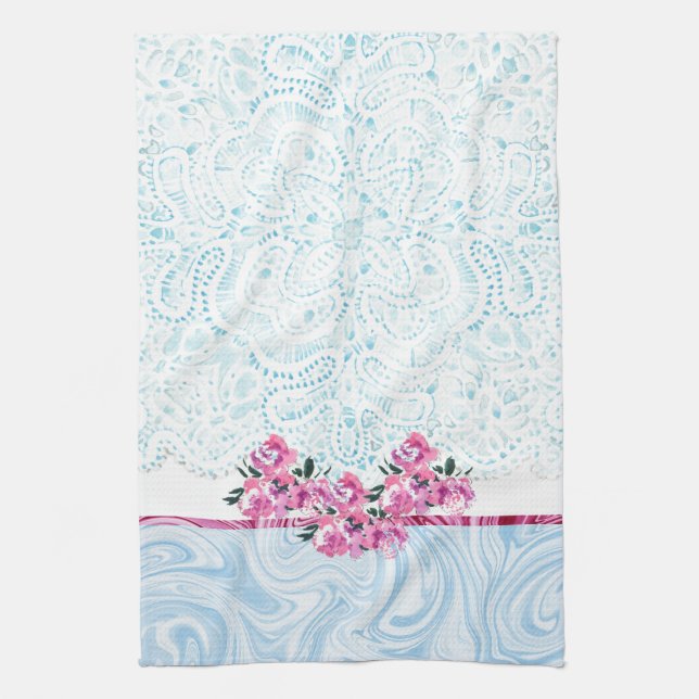 Blå Shabby chic Lacey Rosa Blommigt Köksduk Kökshandduk (Vertikal)