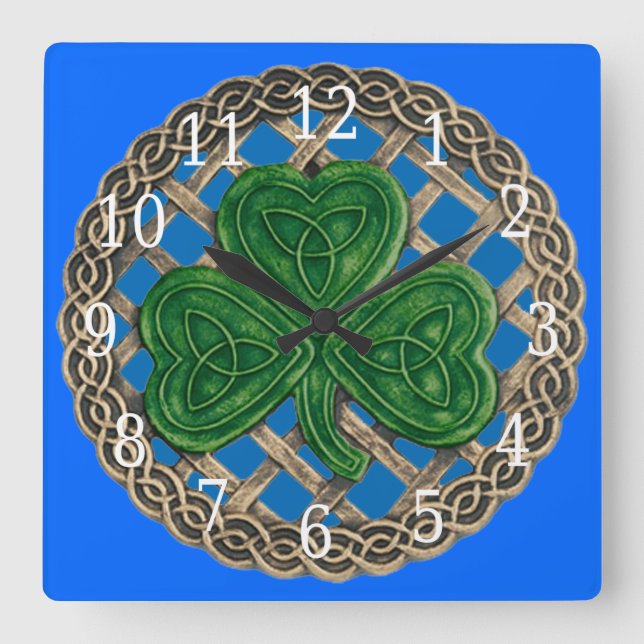 Blå Shamrock och keltiska knoppar Fyrkantig Klocka (Framsida)