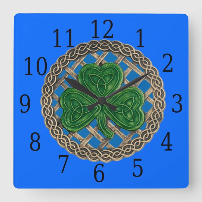 Blå Shamrock och keltiska knoppar Klock Fyrkantig Klocka (Framsida)