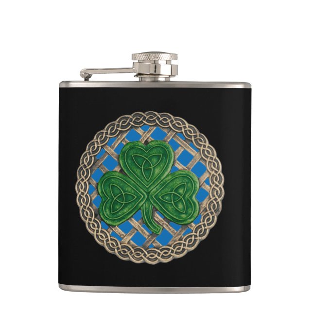Blå Shamrock på Celtic Knots Flask Fickplunta (Framsidan)