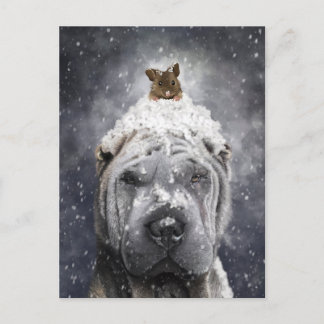 Blå Shar Pei i snön med en liten mus Vykort