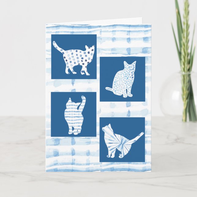 Blå Shibori Cat Silhouettes Blank Tankar på dig Kort (Framsida)