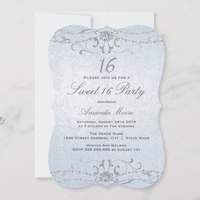 Blå Shimmer Diamond Damask Sweet 16-inbjudan Inbjudningar (Framsida)