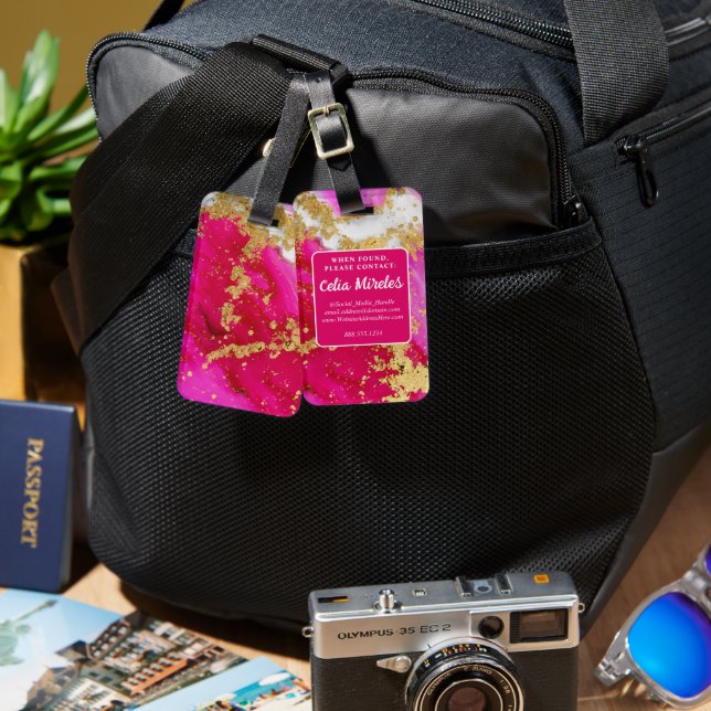 Blå Shock rosa rödmarble White Faux Guld Flakes Bagagebricka (Fram & Baksida)