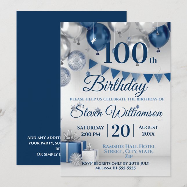 Blå Silver 100:e födelsedagen Inbjudningar (Fram/baksida)