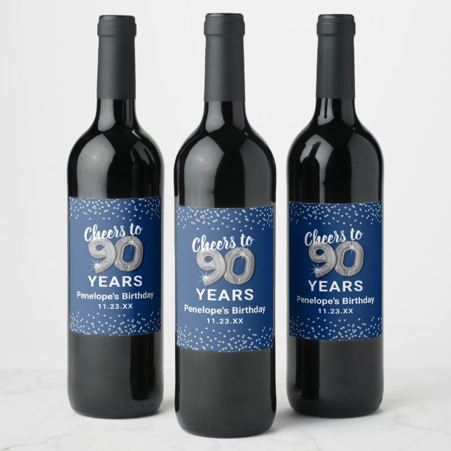 Blå Silver 90-årsfirande Vin Etikett (Flaskor)