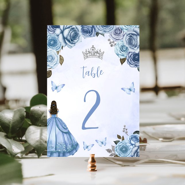 Blå Silver Akvarell Blommig Princess Quinceañera Bordsnummer (Skapare uppladdad)