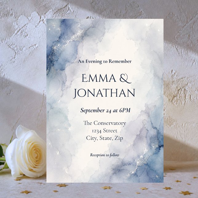 Blå & Silver Akvarell Bröllopsinbjudan Inbjudningar (Elegant blue watercolor wedding invitation with silver accents for modern luxury celebrations.)