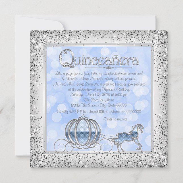 Blå Silver Askungen Prinsessa Quinceanera Inbjudningar (Framsida)