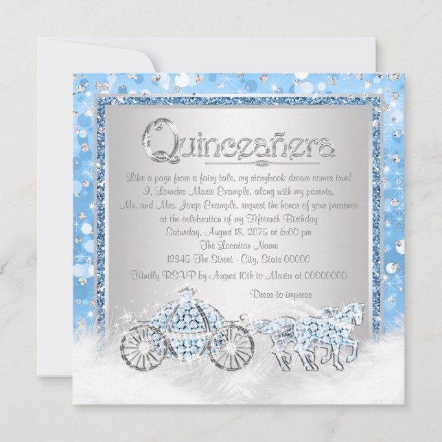 Blå Silver Askungen Prinsessa Quinceanera Inbjudningar (Framsida)