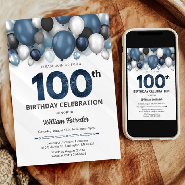 Blå Silver Black & White 100:e födelsedag Inbjudningar (Blue Silver Black & White 100th Birthday Invitation)