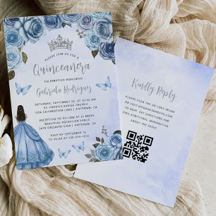 Blå Silver Blommig Akvarell QR-kod Quinceañera Inbjudningar